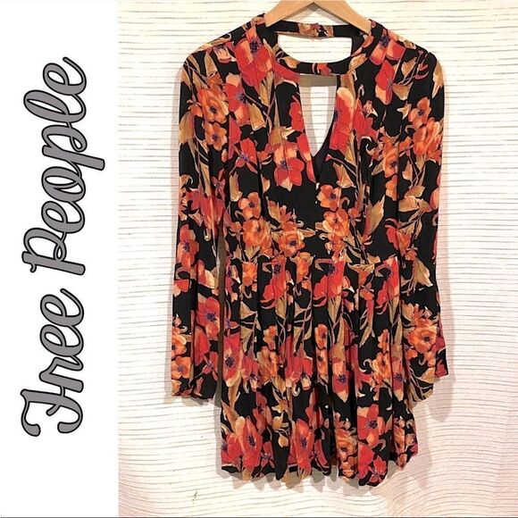 EUC Free People Romantic Boho Free People Black Floral Dress Long Sleeve Sz. 2 - Picture 1 of 6